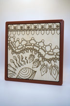 Don't Fence Me Off wood panel wall art in a reddish-brown frame, front view