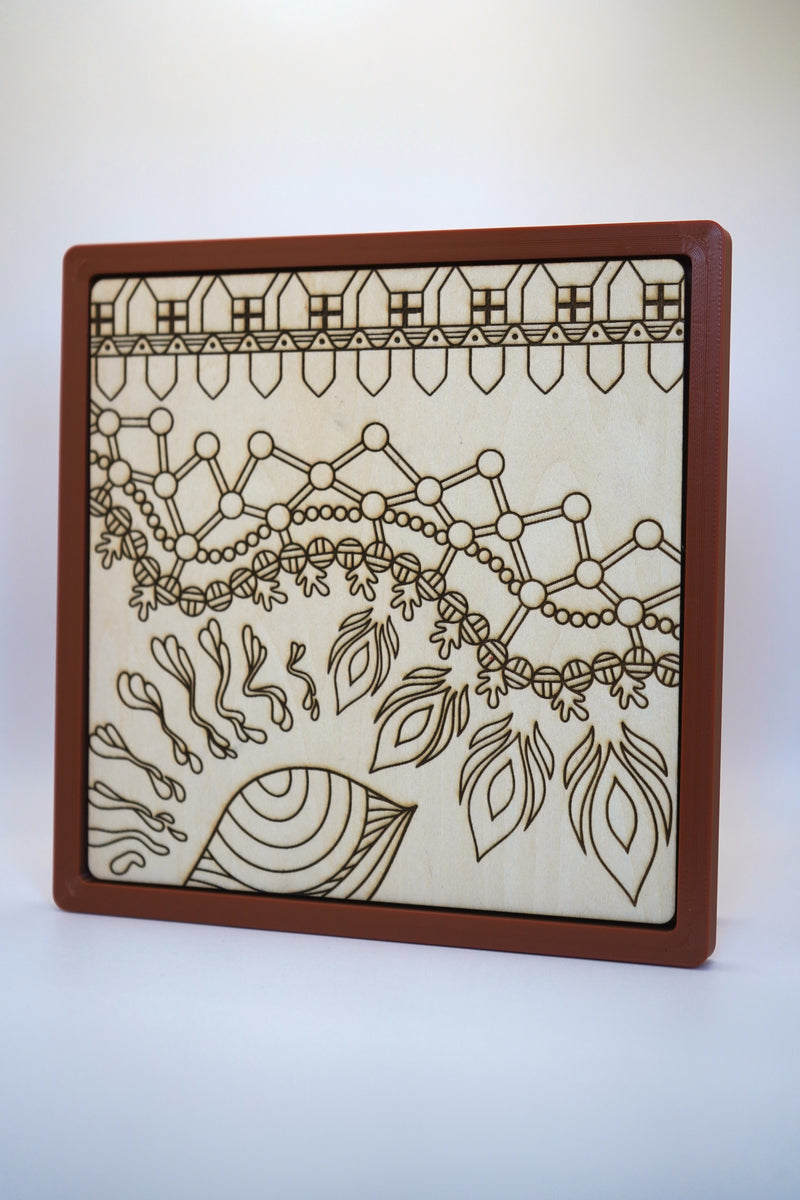 Don't Fence Me Off wood panel wall art in a reddish-brown frame, front view
