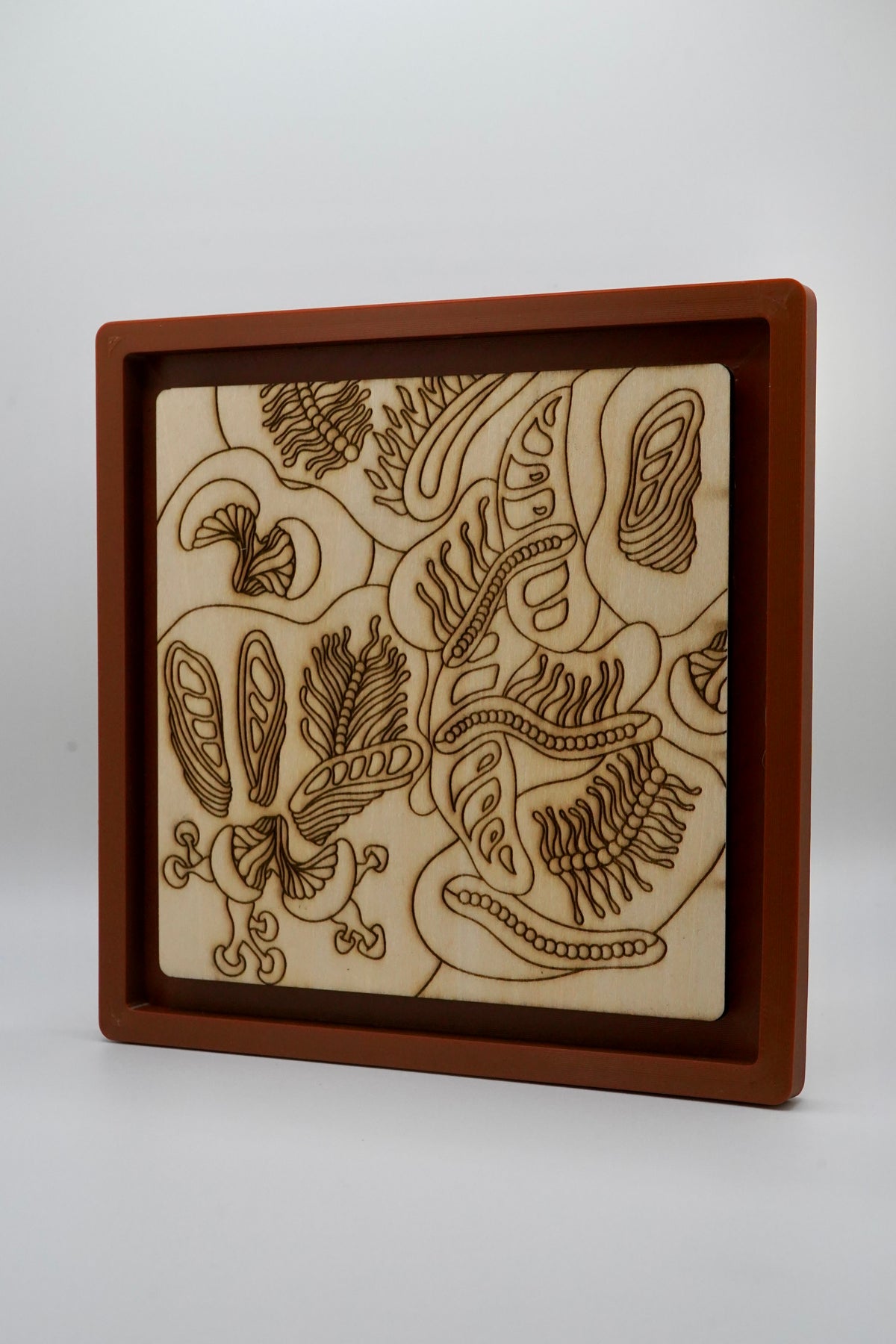 A square wooden box with a recessed interior displaying an engraved natural wood panel with abstract caterpillar-like patterns, set against a plain light gray background.
