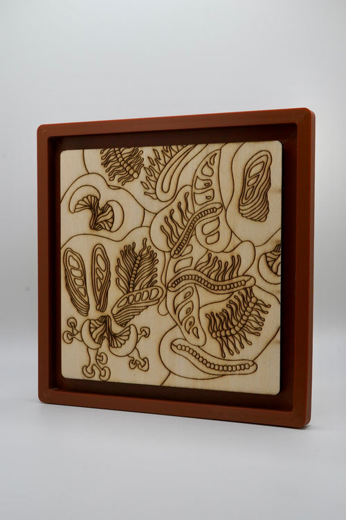 A square wooden box with a recessed interior displaying an engraved natural wood panel with abstract caterpillar-like patterns, set against a plain light gray background.